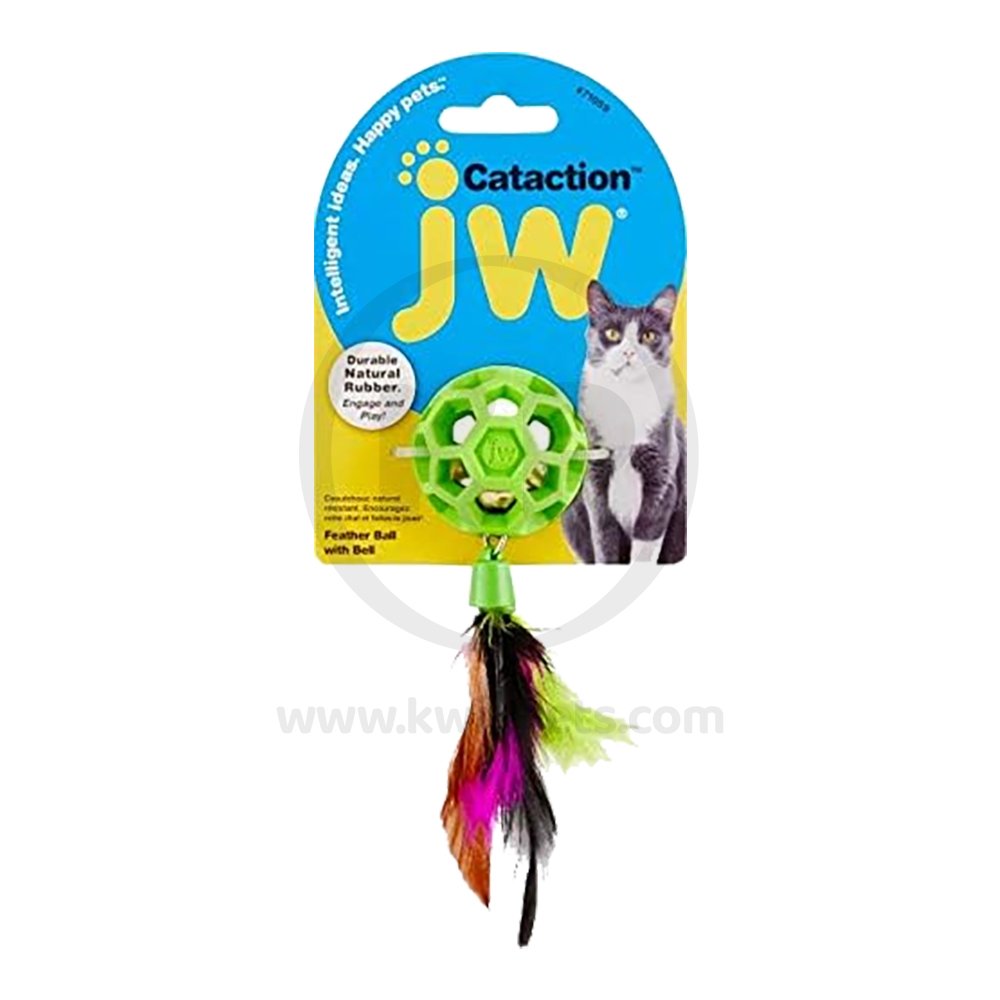 JW Pet Cataction Feather Ball with Bell Cat Toy Green One Size, JW Pet