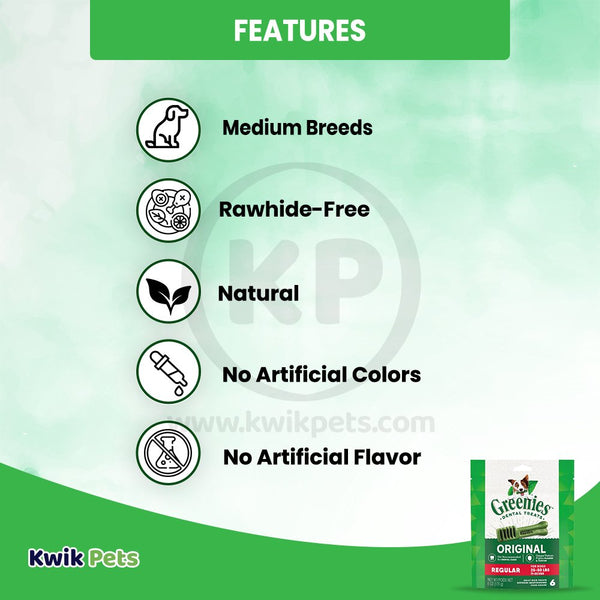 Features of Greenies Original Dog Dental Treats Regular 6-oz 6 Count