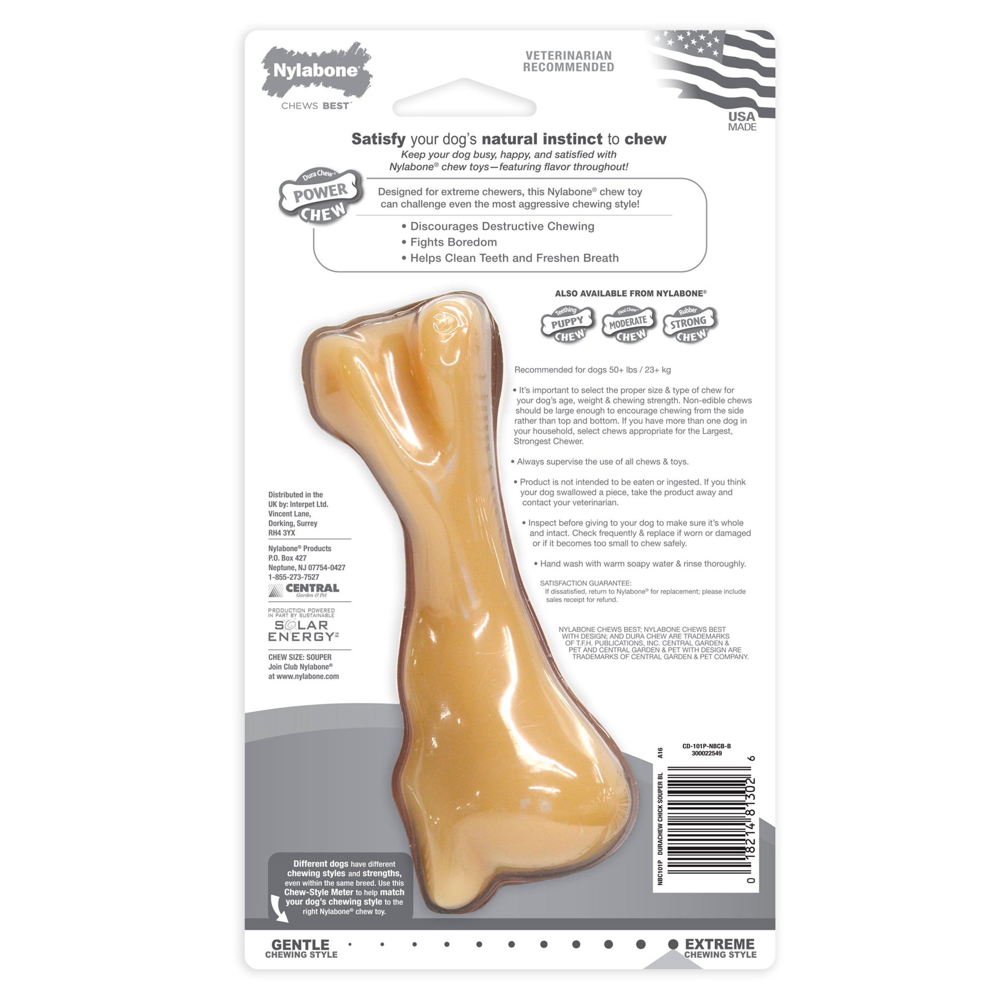 Nylabone Beef Bone Power Chew Extra Durable Chew Toy for Big Dogs Chicken Flavor, XX-Large - 50+ LB, Nylabone