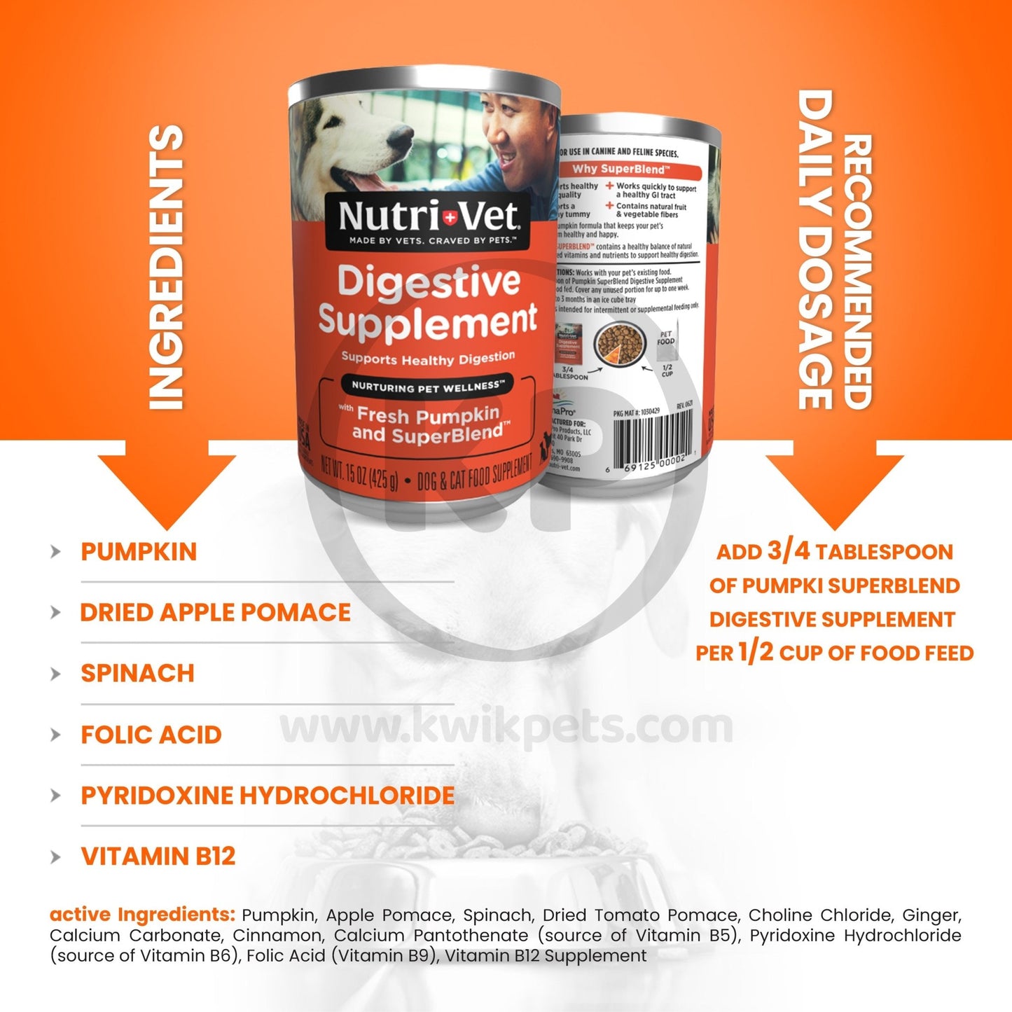 Nutri-Vet Digestive Supplement Fresh Pumpkin & Superblend 15oz - Kwik Pets