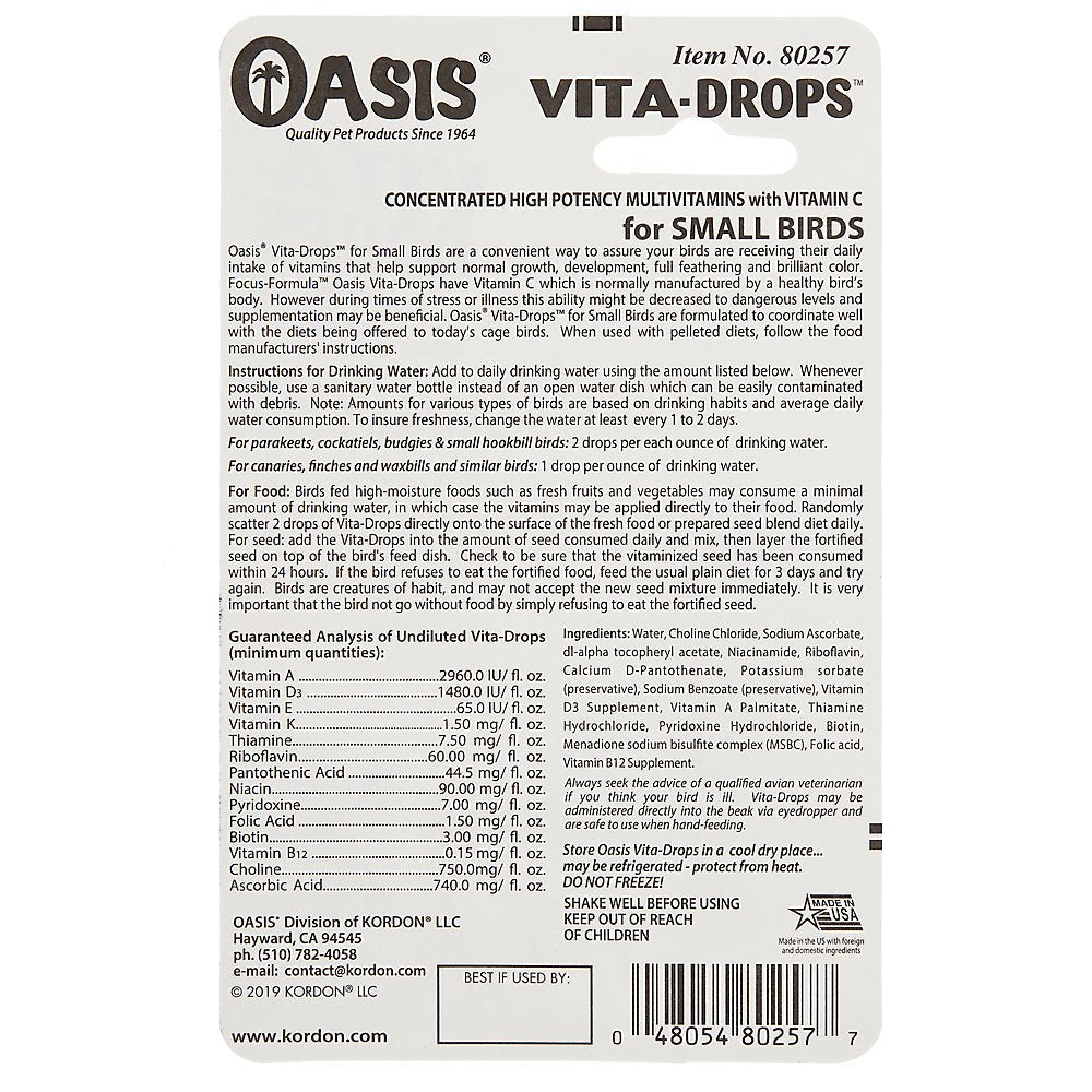 Oasis Vita Drops Multivitamin Supplement for Small Birds 2 fl oz - Kwik Pets