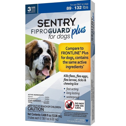 Sentry Fiproguard Plus Squeeze-On Dog Flea & Tick Treatment, 89 - 132lbs 3 Doses (3-mos. supply) - Kwik Pets