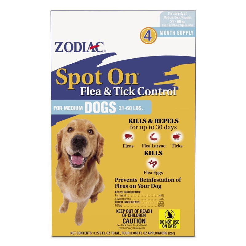 Zodiac Spot On Flea & Tick Control Medium Dogs 31-60 lb, 4 pk - Kwik Pets